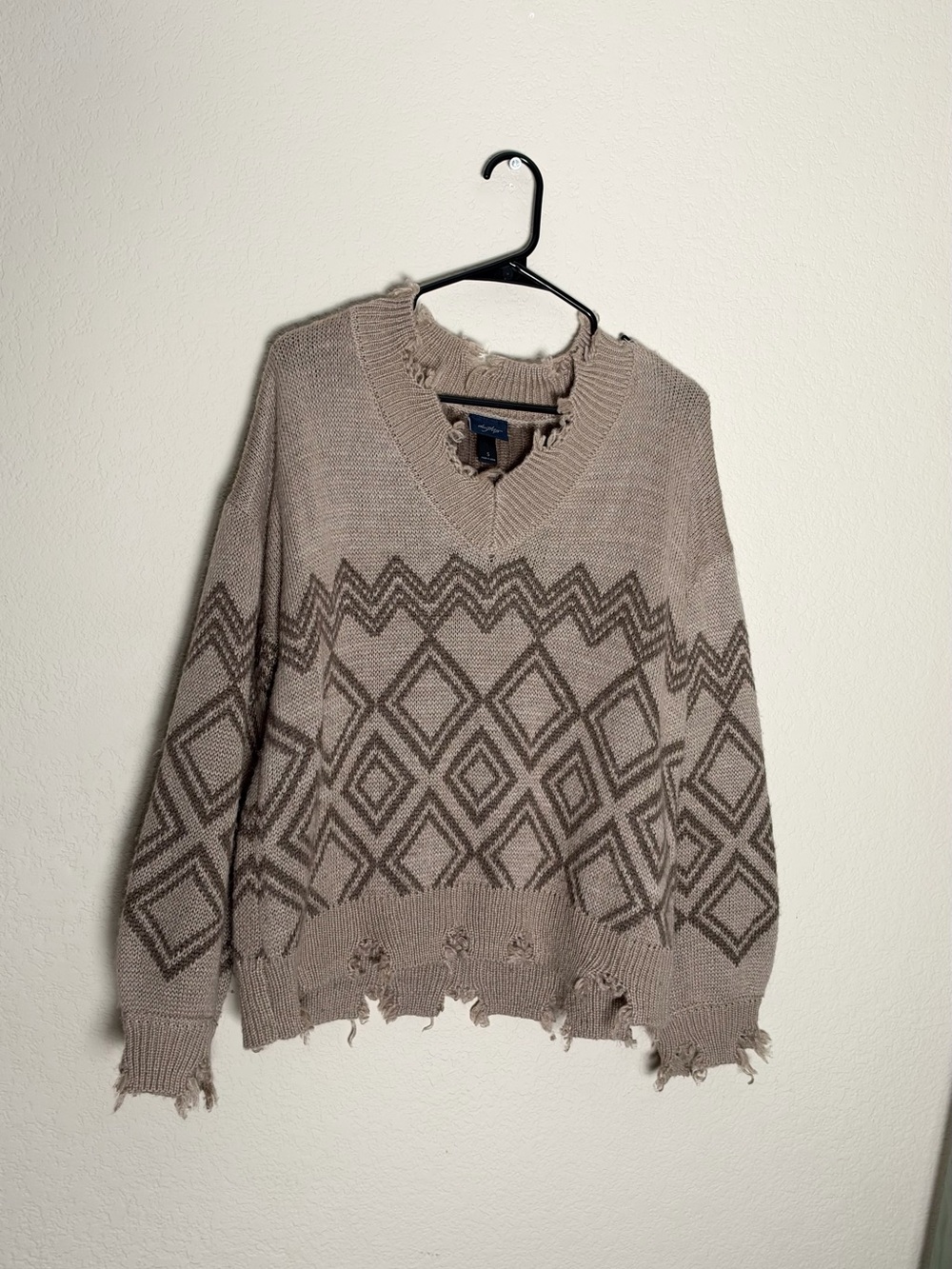Daytrip Taupe & Dark Taupe Geometric Distressed High V-Neck Sweater